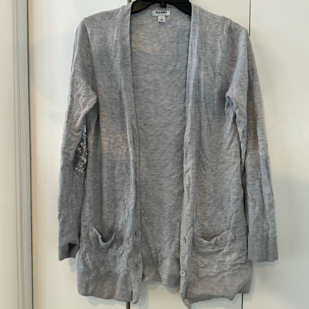 Gray cardigan with sequin elbows